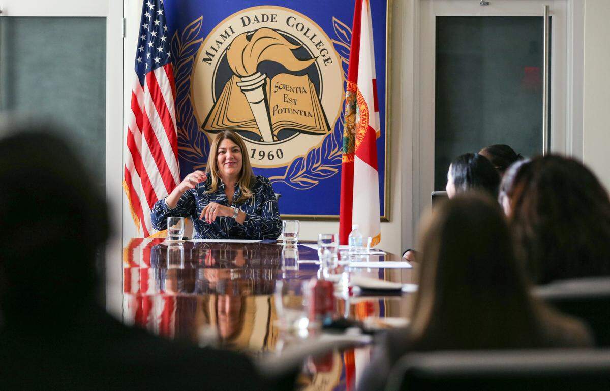 Madeline Pumariega is the first female president to lead Miami Dade College. Here, Pumariega speaks with students at MDC Wolfson Campus on Wednesday, November 10, 2021.