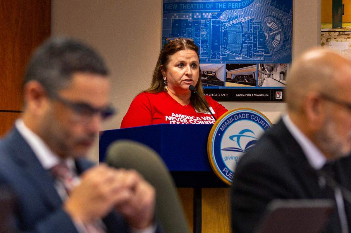 Crystal Etienne, a teacher at West Homestead K-8 Center, speaks during a Miami-Dade School Board meeting to discuss the adoption of new social studies instructional materials, Wednesday, Sept. 27, 2023.