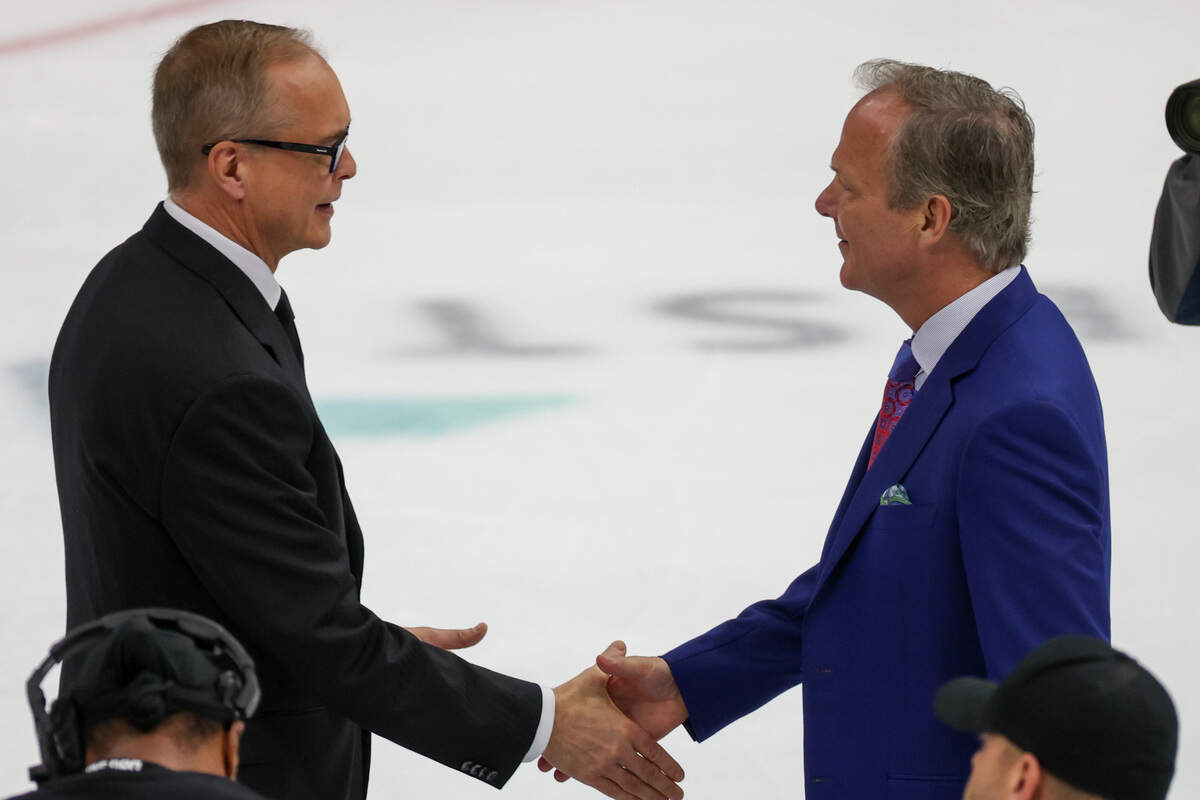 Florida Panthers head coach Paul Maurice shakes the hand of Tampa Bay Lightning head coach Jon Cooper after game five of the first round of the Stanley Cup playoffs on Wednesday, April 30, 2025 in Tampa.