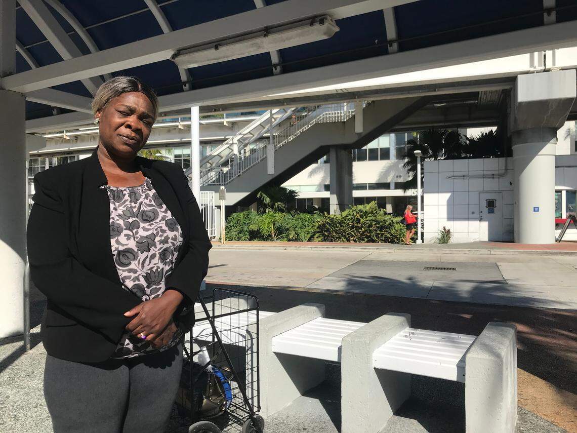 Audrey Andrews takes a break after riding a county bus from Miami Beach to the Omni bus depot, where she plans to take the Metromover to the Government Center Metrorail station and catch another bus to church. “It sounds like it’s long,” Andrews said of a transit trip with so many transfers. “But it’s a blessing.” Even so, Andrews said she’d welcome a chance to ride Metromover from the Beach and skip a transfer.