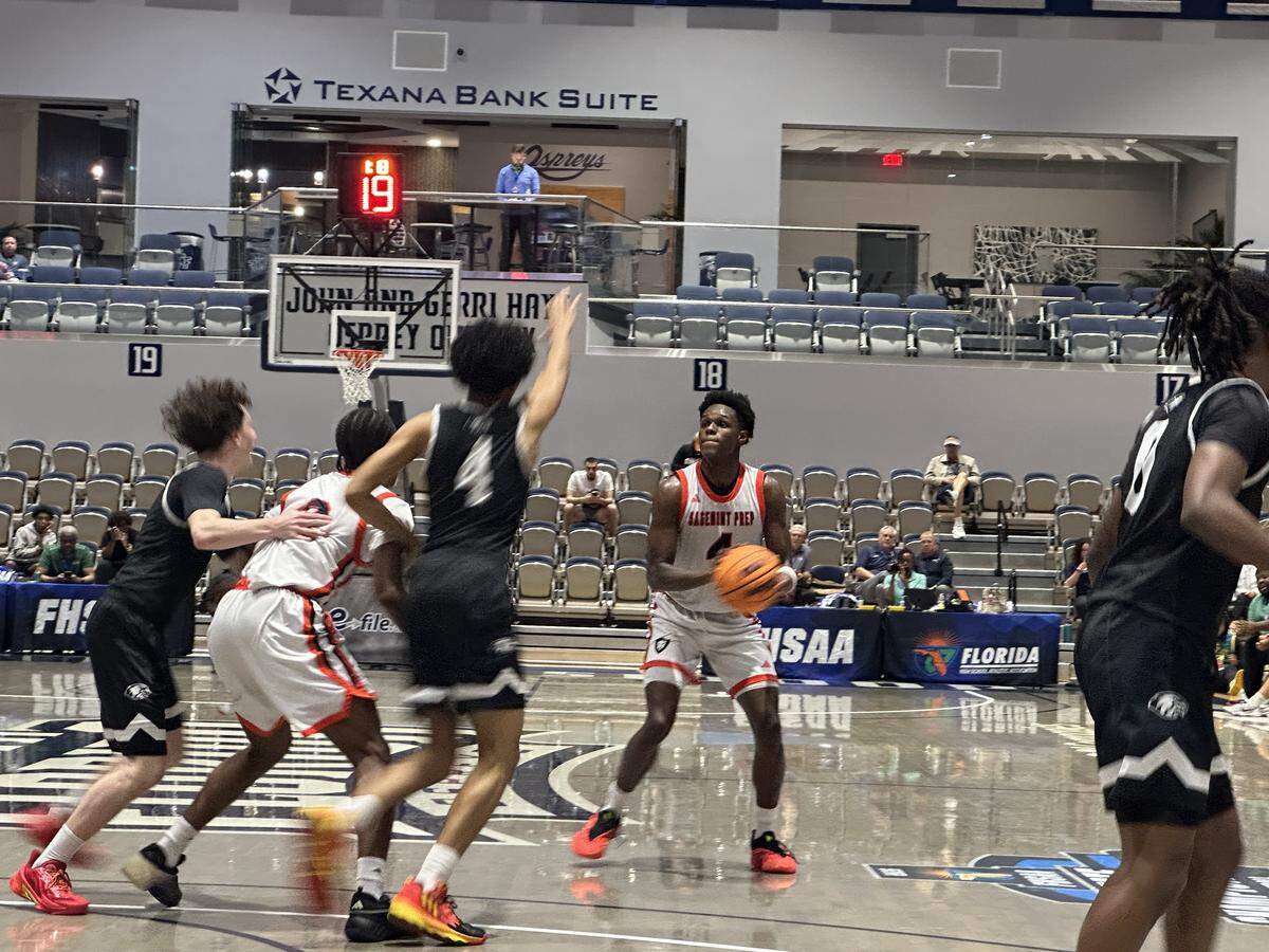 Sagemont’s Kevin Thomas spots up for a shot in Thursday’s Class 1A state semifinal against Ocoee Central Florida Christian at UNF Arena in Jacksonville, Fla.