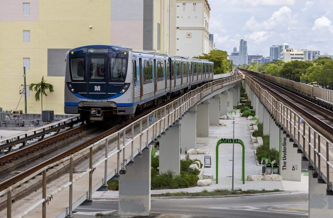 A Metrorail train arrives to the Coconut Grove station on Thursday, Aug. 7, 2025, in Miami.