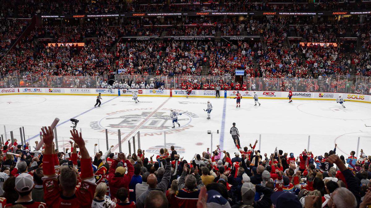 Fans cheer after the Florida Panthers defeated the Toronto Maple Leafs in their NHL game at the Amerant Bank Arena on Thursday, Oct. 19, 2023, in Sunrise, Fla.