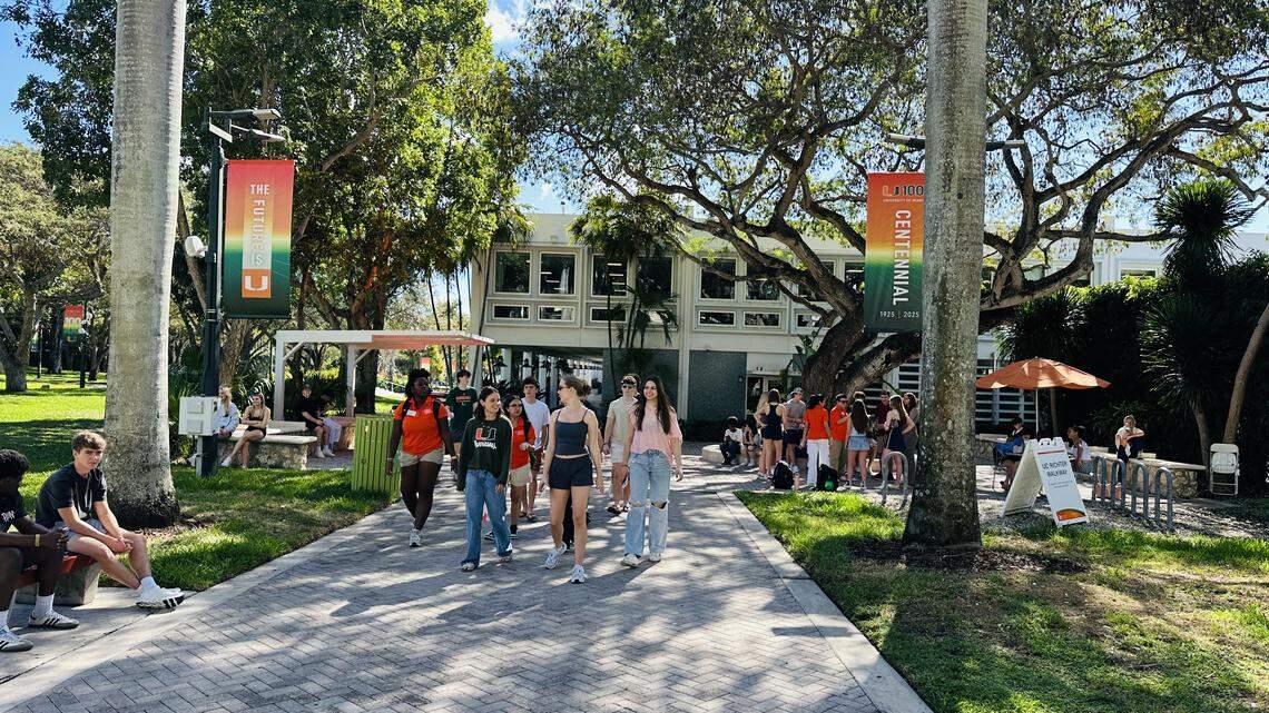 University of Miami students outside the Whitten Student Center on the Coral Gables campus have two things on their minds on the last Friday morning of Cane Kickoff on Jan. 9, 2026, before classes begin on Monday the 12th: classes and the Hurricane football team’s clinching of a spot in the championship game to be held at Hard Rock Stadium on Jan. 19. Guess what they were most excited about on this day?