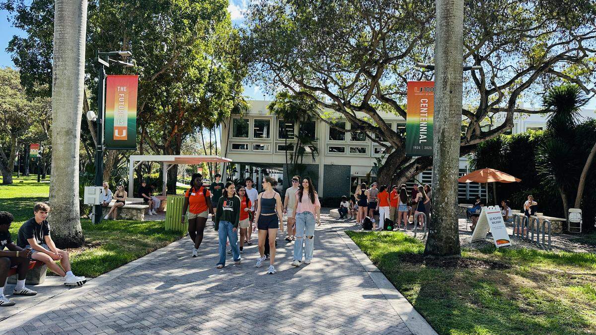 University of Miami students outside the Whitten Student Center on the Coral Gables campus have two things on their minds on the last Friday morning of Cane Kickoff on Jan. 9, 2026, before classes begin on Monday the 12th: classes and the Hurricane football team’s clinching of a spot in the championship game to be held at Hard Rock Stadium on Jan. 19. Guess what they were most excited about on this day?