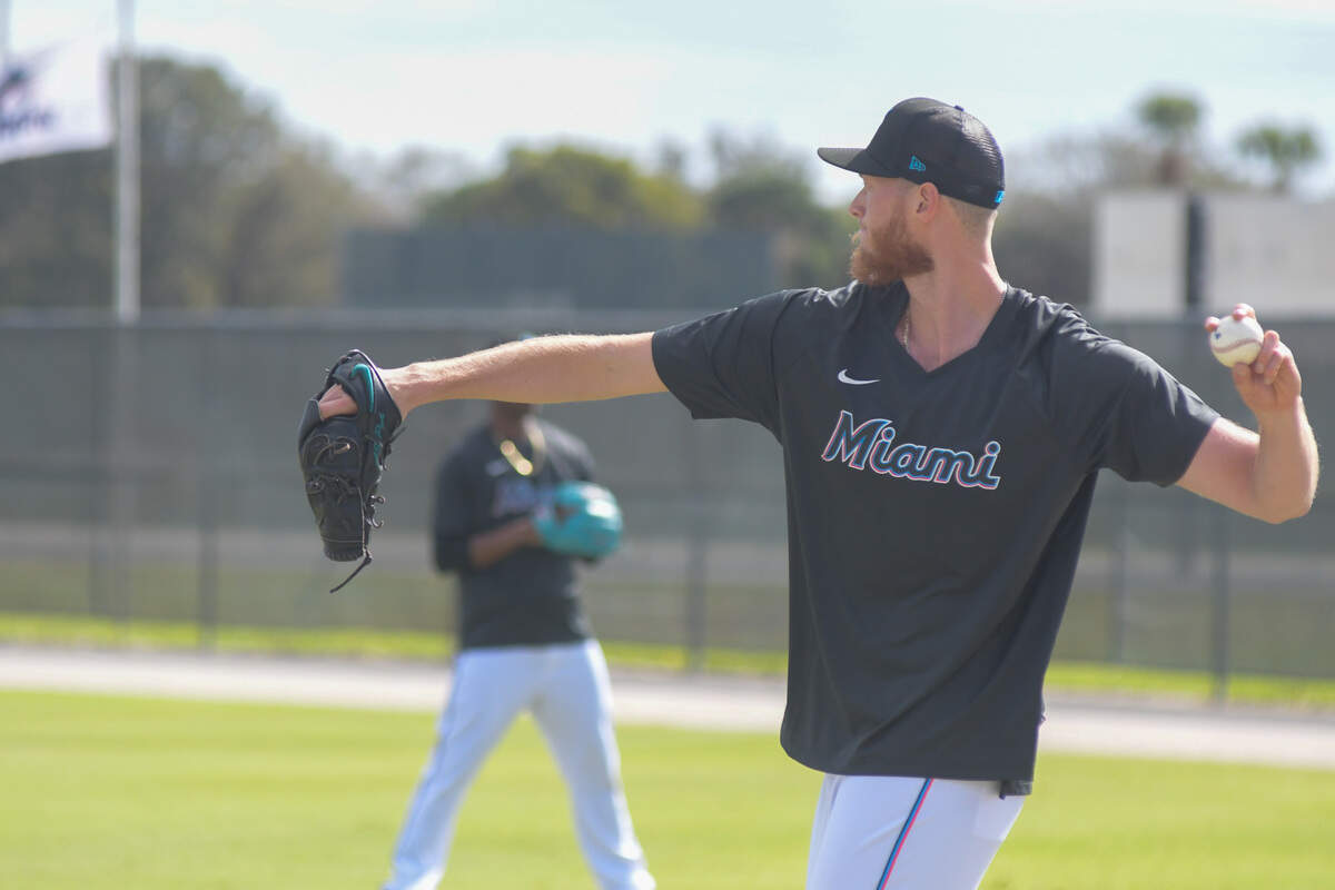 Miami Marlins left-handed pitcher A.J. Puk throws during a workout at the Roger Dean Chevrolet Stadium complex in Jupiter, Florida, on Wednesday, Feb. 15, 2023.