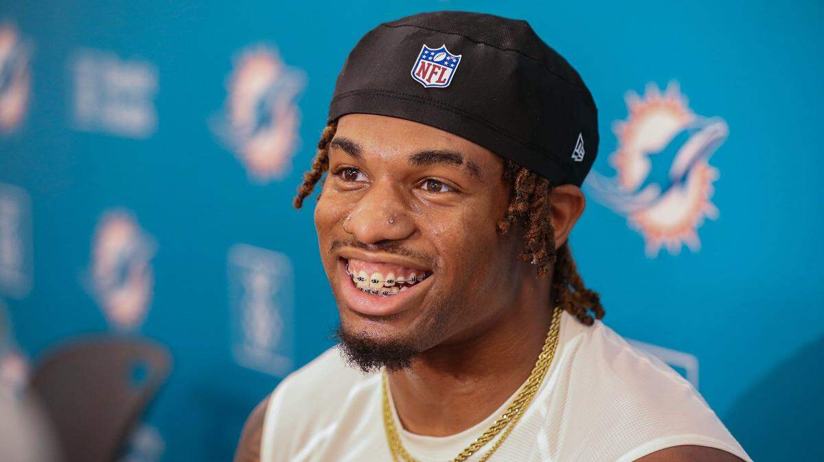 Miami Dolphins wide receiver Erik Ezukanma (87) speaks to reporters after practice at Dolphins Rookie Minicamp at the Baptist Health Training Complex in Miami Gardens on Friday, May 13, 2022.