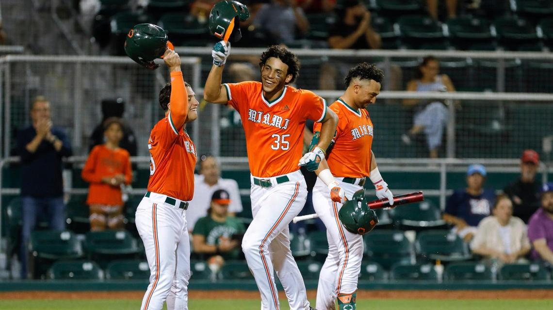 Miami Hurricanes infielder Yohandy Morales (35) celebrates at home plate after hitting a two-run home run in the sixth inning against the Arizona Wildcats during the Coral Gables NCAA Baseball Regional at Alex Rodriguez Park at Mark Light Field in Coral Gables, Florida, Sunday, June 5, 2022.