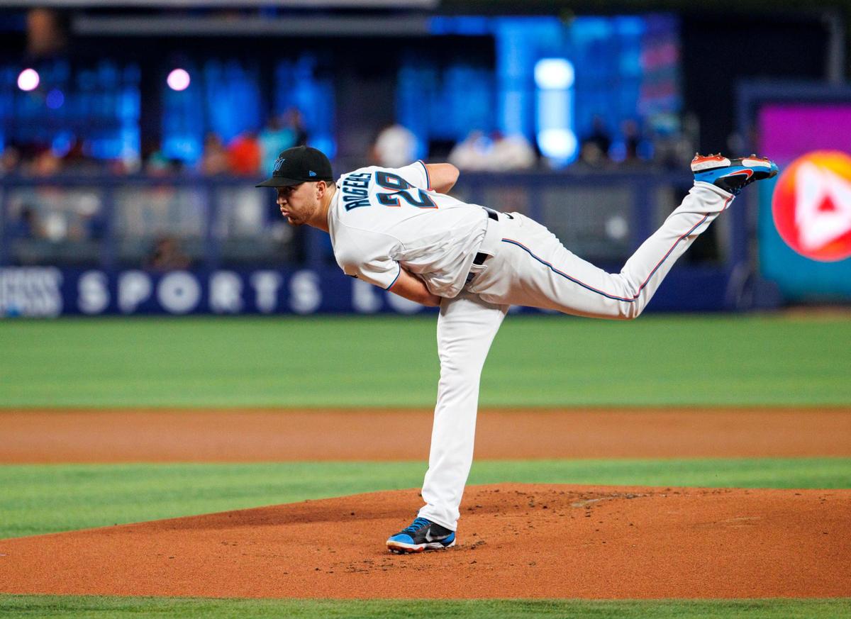 Miami Marlins starting pitcher Trevor Rogers (28) pitches during the first inning of a baseball game against the Philadelphia Phillies at LoanDepot Park on Sunday, July 17, 2022 in Miami, Florida.