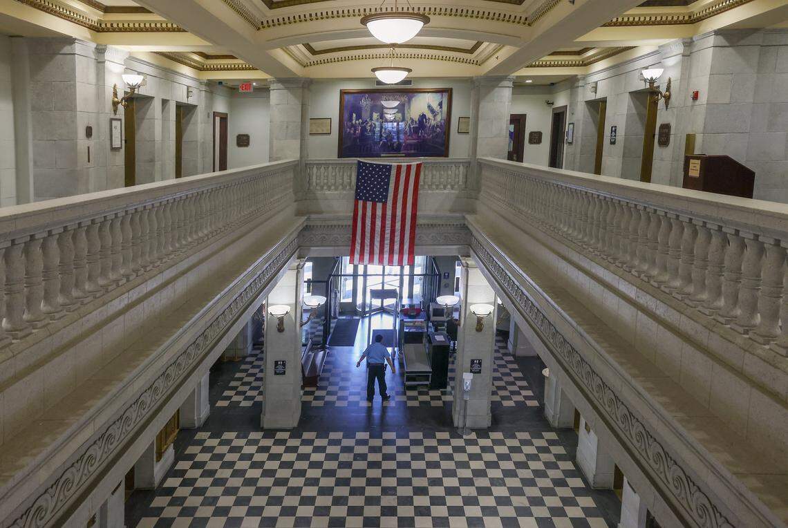 The view of the lobby looking down from the second-floor atrium. Visible is the restored lobby floor, and some of the details of the upper atrium of the old courthouse in Miami, Florida, on Wednesday, January 14, 2026. The Dade County Courthouse is significant as an excellent example of Neo-Classical architecture. The detailing of the remaining historic interior spaces and features continue to reflect this distinctive style and contributes to a more complete understanding of the historic character of the Courthouse.