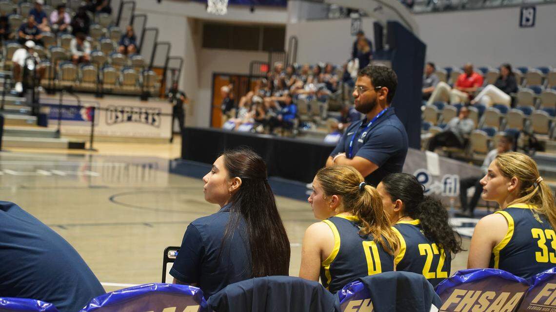 Carrollton girls’ basketball coach Danny Ramos watches his team during Monday’s Class 3A state semifinal against Somerset Canyons at UNF Arena in Jacksonville, Fla.