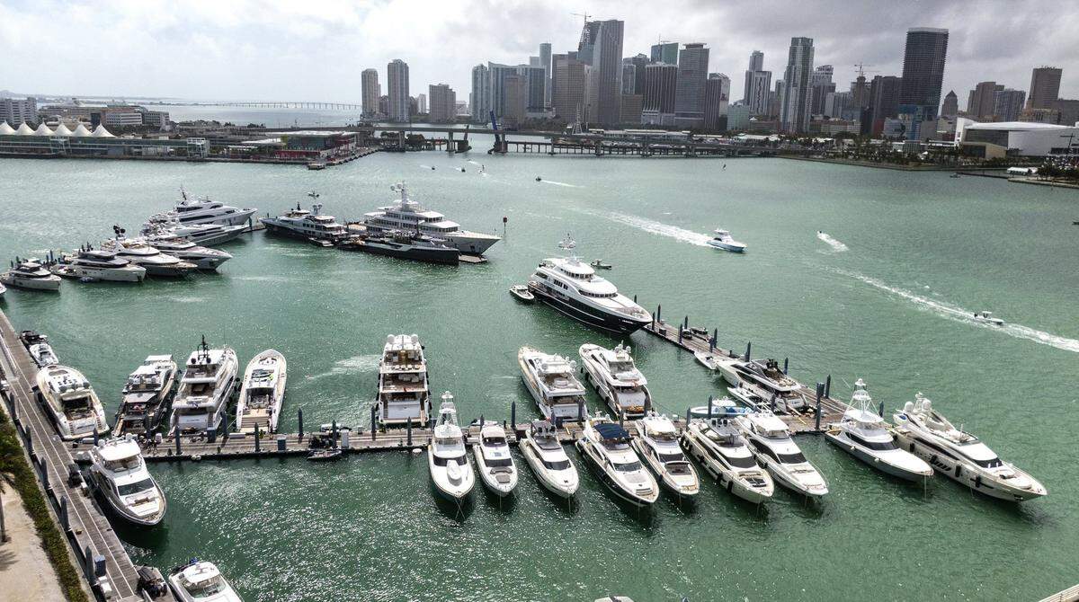 File photo shows a view of yachts docked at Island Gardens Marina during the Miami Boat Show 2022, on Thursday, Feb. 17, 2022.