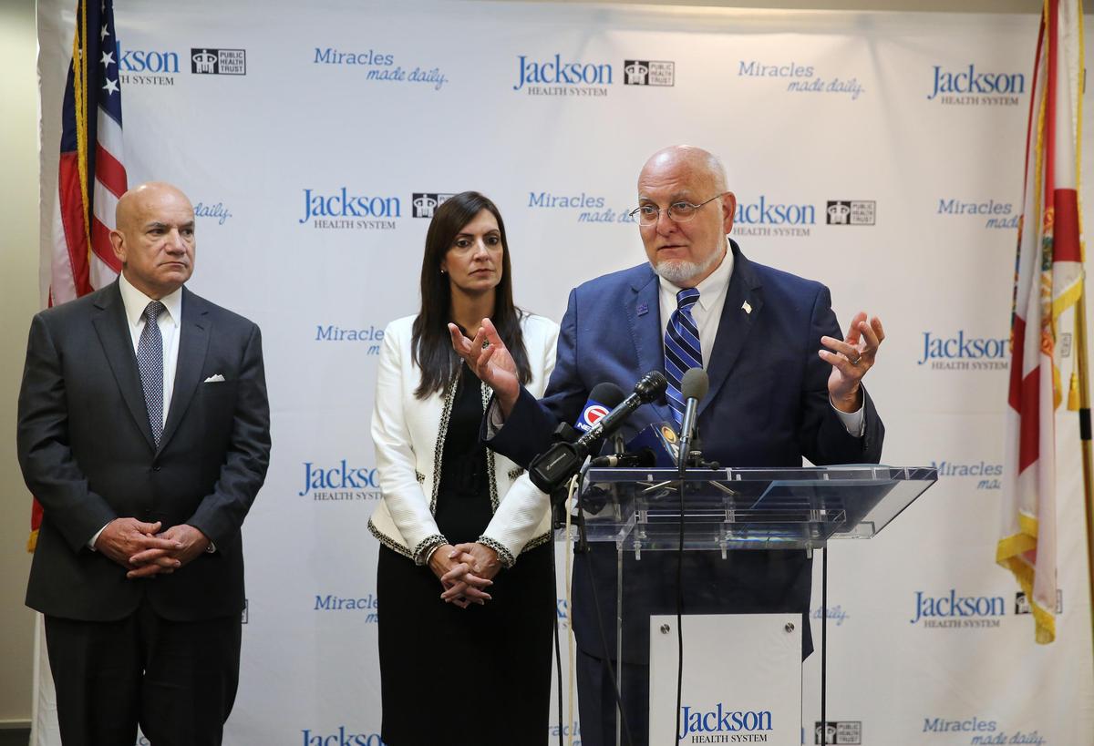 CDC Director Dr. Robert Redfield was in Miami to meet with state and local health officials to discuss the national plan to end HIV in America. Carlos A. Migoya, president and CEO of Jackson Health System, and Jeanette Núñez, lieutenant governor of Florida, joined Redfield during a news conference on Monday, June 17, 2019, at Jackson Memorial Hospital.