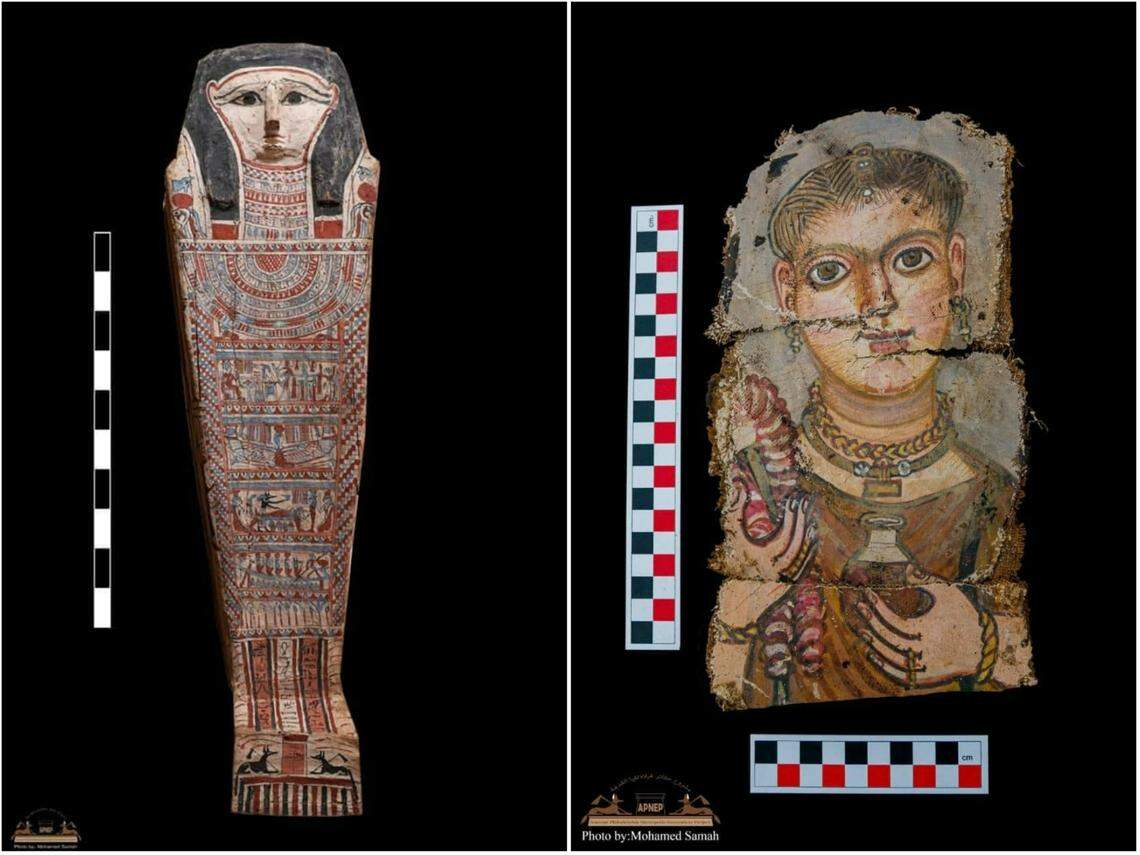 A coffin (left) and mummy portrait (right) found at the funeral building.