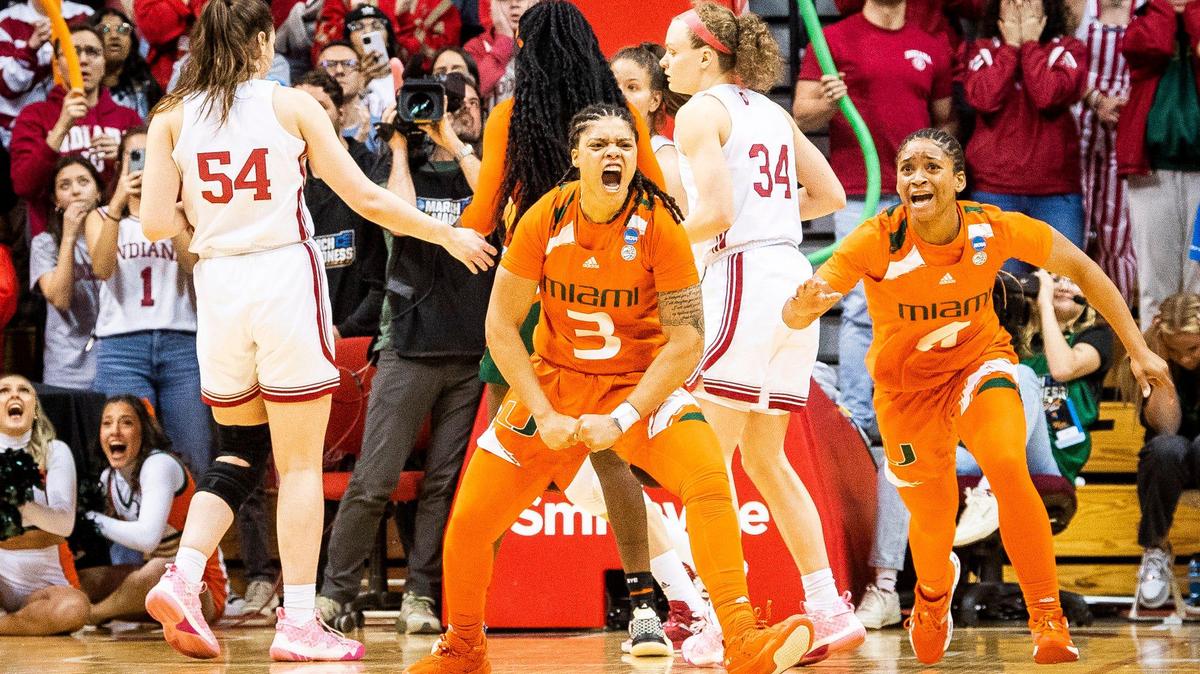 Miami (FL)’s Destiny Harden (3) celebrates hitting the game winning shot after the second half of the NCAA Tournament Second Round game between Indiana and Miami (FL) at Simon Skjodt Assembly Hall on Monday, March 20, 2023. Iu Um Wbb 2h Harden Game Winner Celebration