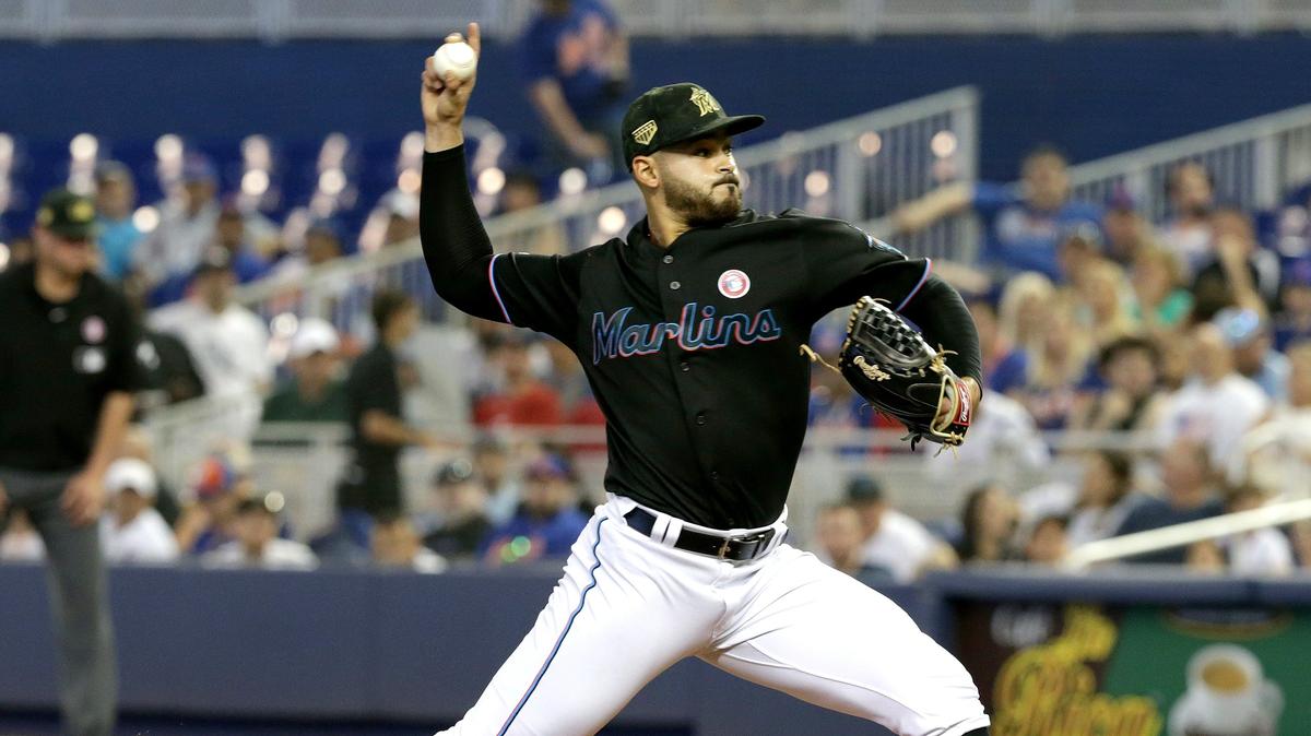 Marlins pitcher Pablo Lopez pitches in the first inning of the Miami Marlins vs New York Mets, game at the Marlins Park in Little Havana in Miami on Saturday May 18, 2019.