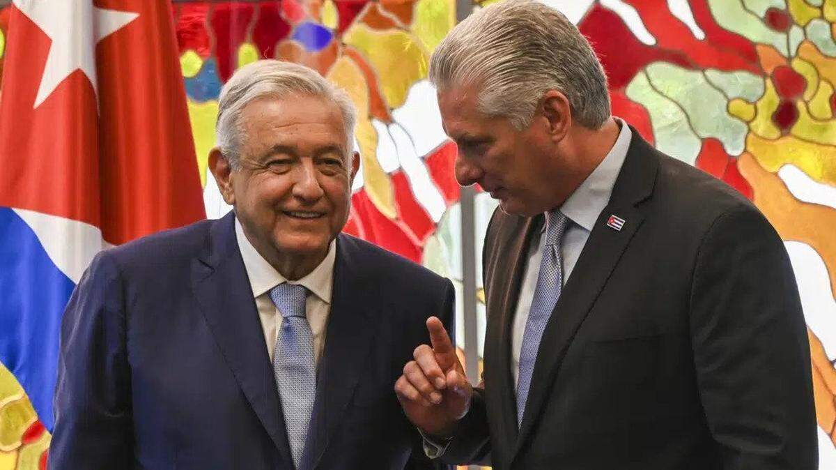 In May 2022, Cuban President Miguel Diaz-Canel, right, and Mexico’s President Andrés Manuel López Obrador speak after signing bilateral agreements at Revolution Palace in Havana, Cuba.
