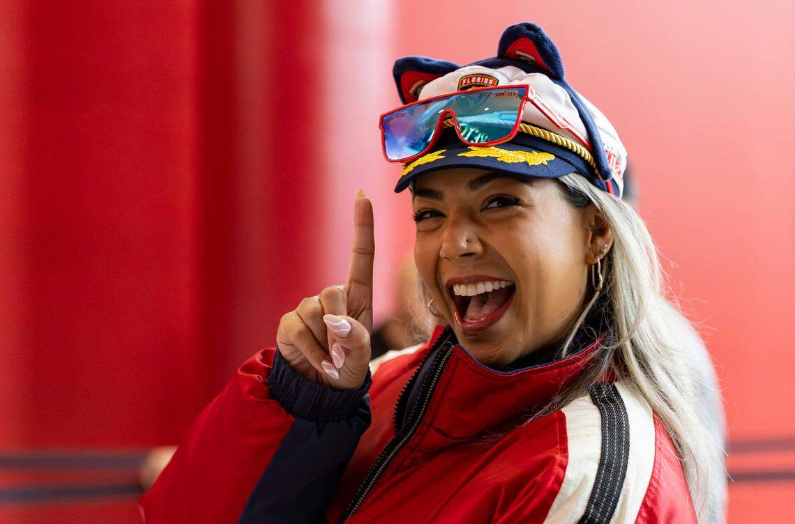 Florida Panthers fan Nicolette Rowell reacts as she arrives to a watch party at the Amerant Bank Arena before her team plays against the Edmonton Oilers in Game 1 of the NHL Stanley Cup Final on Wednesday, June 4, 2025, in Sunrise, Fla.
