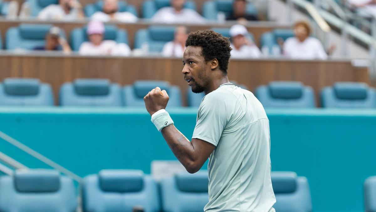 Gaël Monfils, of France, reacts after scoring against Sebastian Korda, of the United States, during their match at the Miami Open tennis tournament on Tuesday, March 25, 2025, at Hard Rock Stadium in Miami Gardens, Fla.