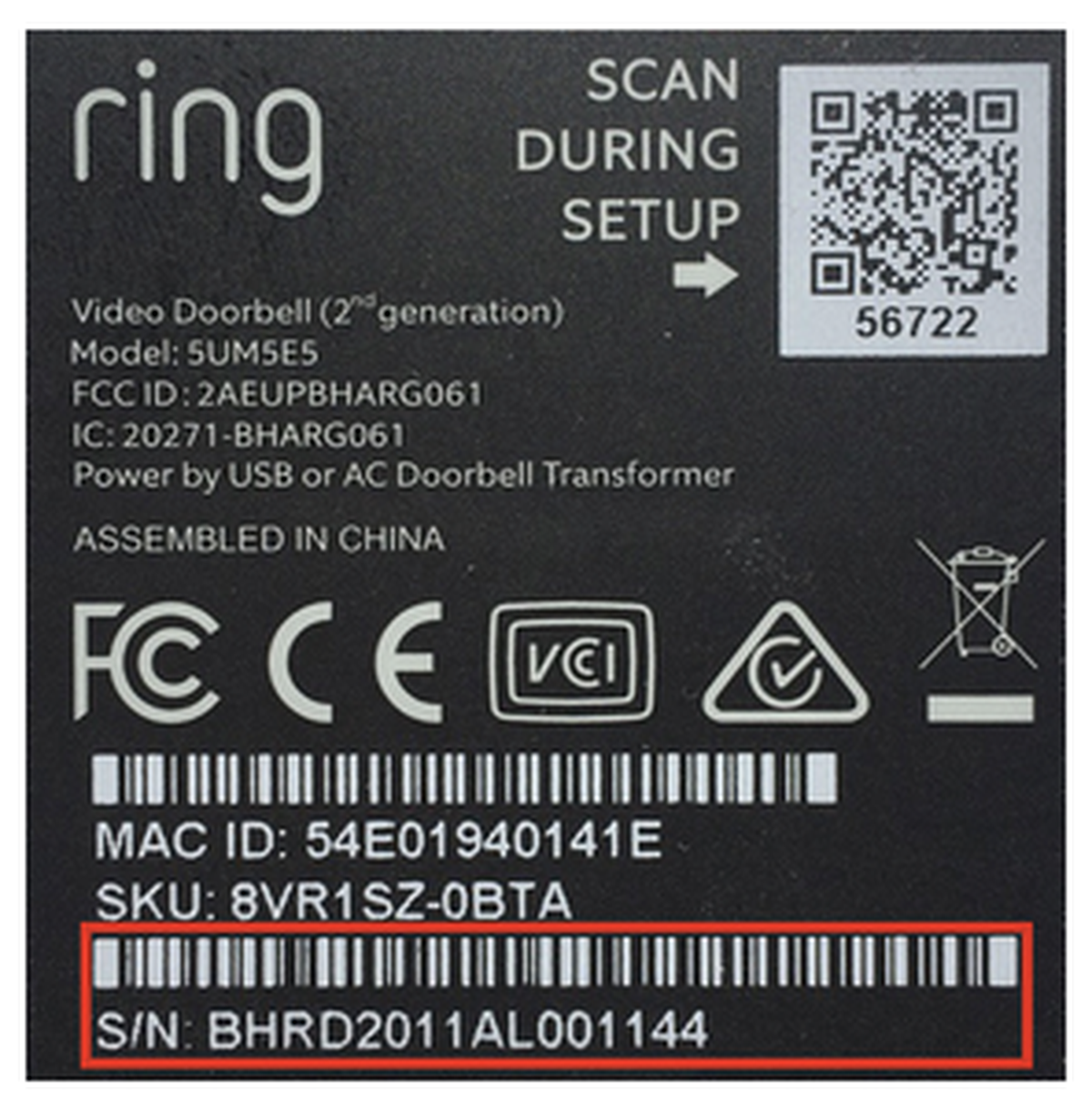 The model number and serial number are on the back of the doorbell