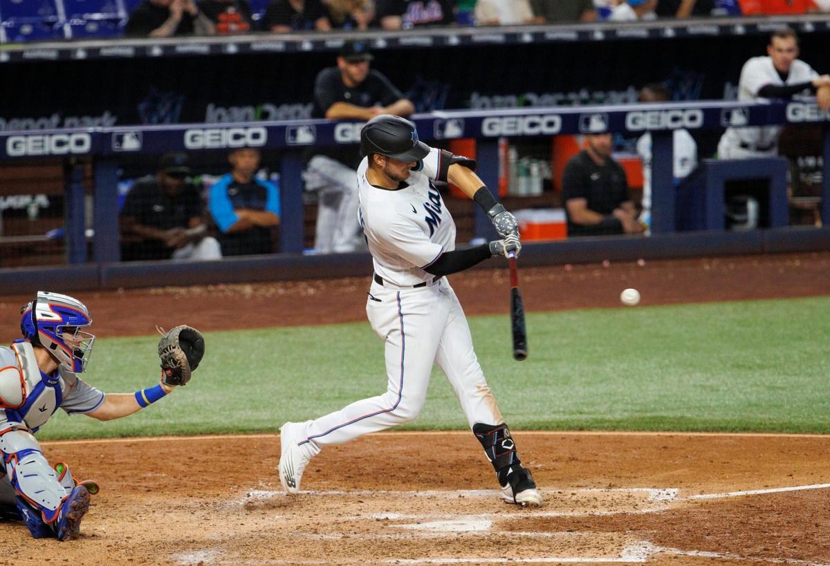 Miami Marlins third baseman Charles Leblanc (83) hits a solo home run during the sixth inning of a baseball game against the New York Mets at LoanDepot Park on Sunday, July 31, 2022 in Miami, Florida.
