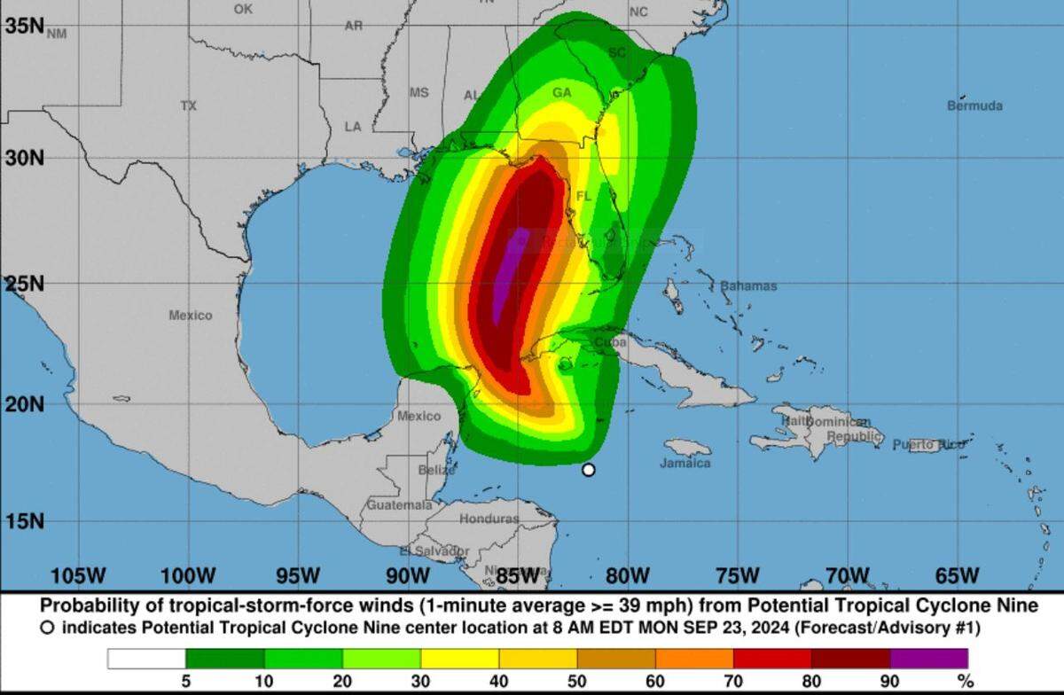 A National Weather Service graphic shows possible tropical storm force winds from what forecasters say could form into Hurricane Helene by the middle of the week.