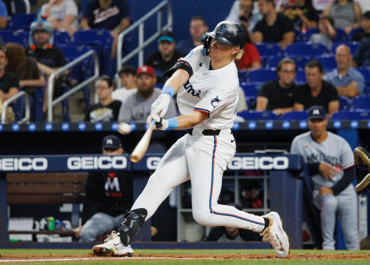 Miami Marlins outfielder Kyle Stowers (28) hits a home run during the second inning of a game against the Minnesota Twins on Tuesday, July 1, 2025 at loanDepot Park in Miami, Fla.