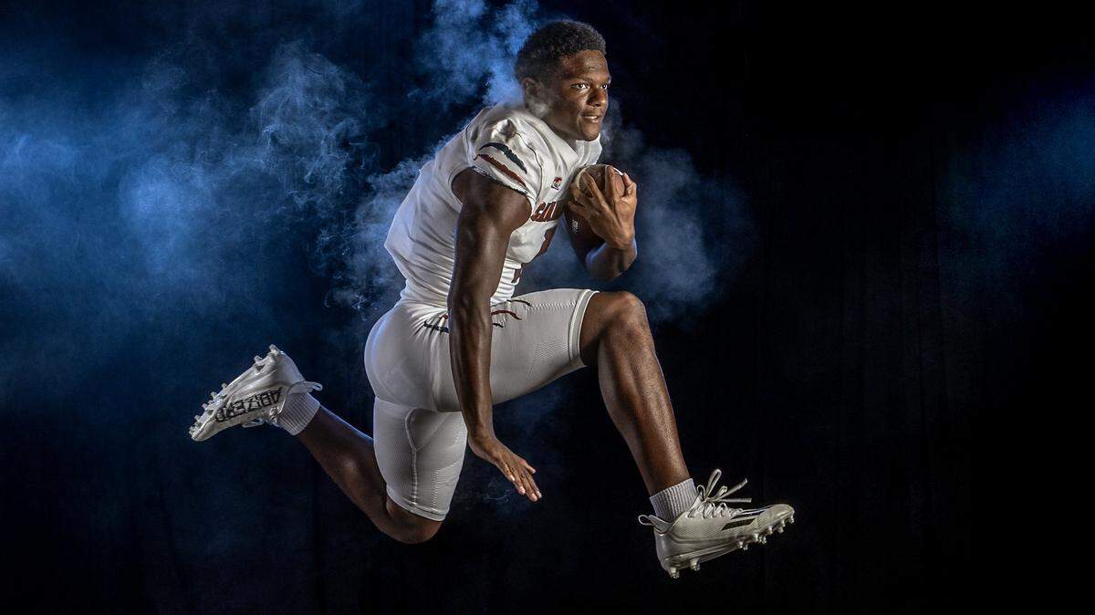 Chaminade-Madonna High School running back Derrek Cooper, during High School Football Media Day at Hard Rock Stadium in Miami Gardens, Florida, on Saturday, August 9, 2025. 