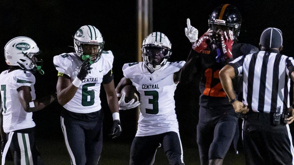 Central Rockets wide receiver Khaleal Sterling (3) celebrates after scoring a touchdown in the first quarter of his high school football game against the Booker T. Washington Tornadoes at the Nathaniel Traz Powell Stadium on Friday, Sept. 8, 2023, in Miami, Fla.