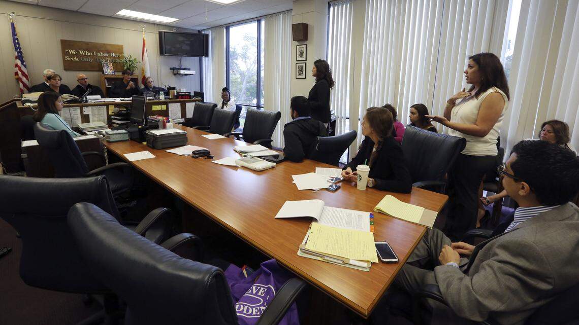 Barbara Toledo with Our Kids, speaks to the entire Miami-Dade dependency court bench Tuesday morning August 20, 2013 during a very rare “en banc” hearing. The hearing by the five judges was with an investigator and lawyers for the Department of Children and Families. The judges wanted an explanation from the DCF workers about a case involving a now four year old boy. The judges also wanted explanations on DCF policies and practices handling cases involving children.