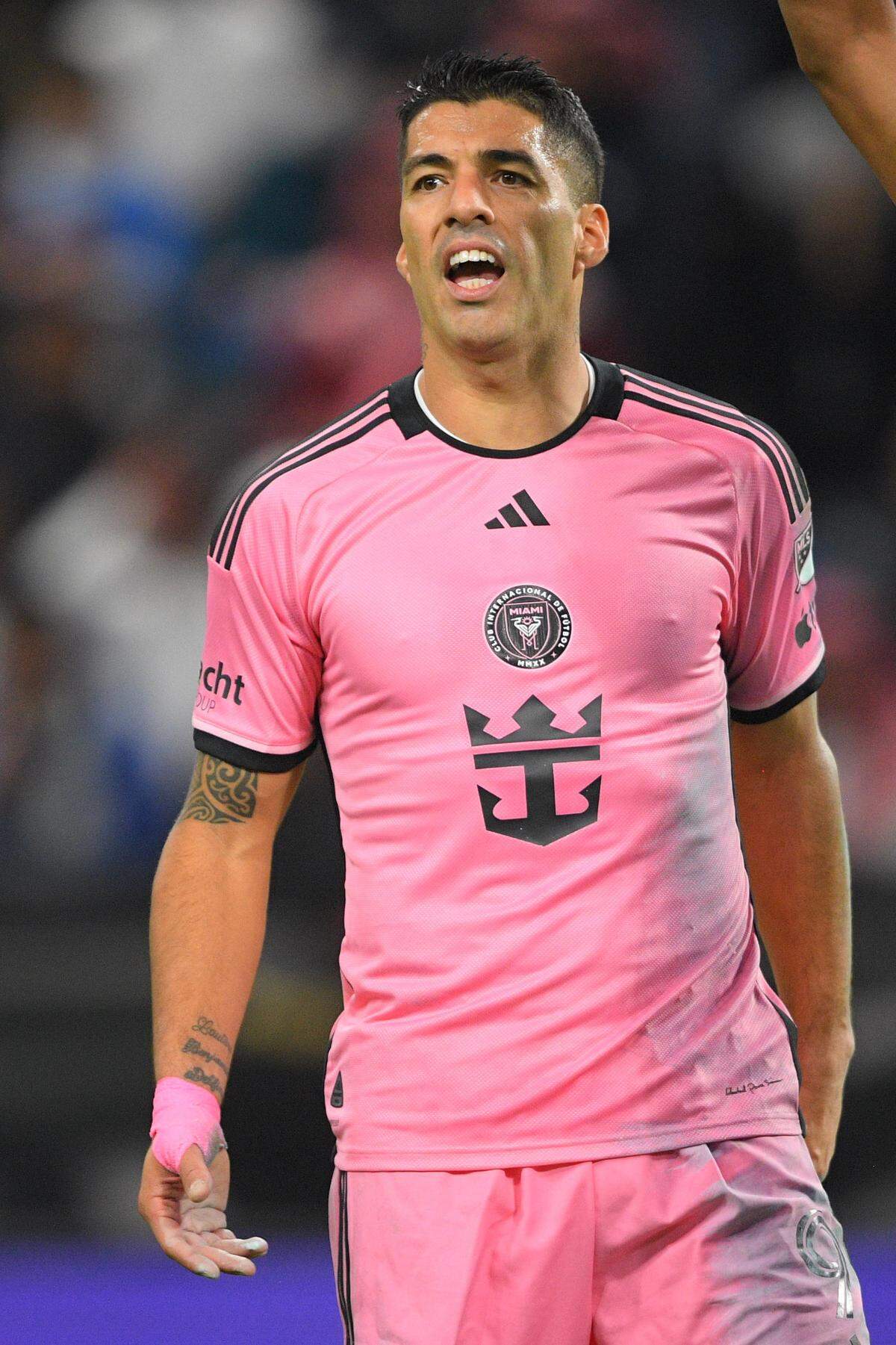 Jan 29, 2024; Riyadh, Saudi Arabia; Inter Miami CF forward Luis Suarez (9) reacts to play in the second half against the Al-Hilal SFC at Kingdom Arena. Mandatory Credit: Victor Fraile Rodriguez-USA TODAY Sports