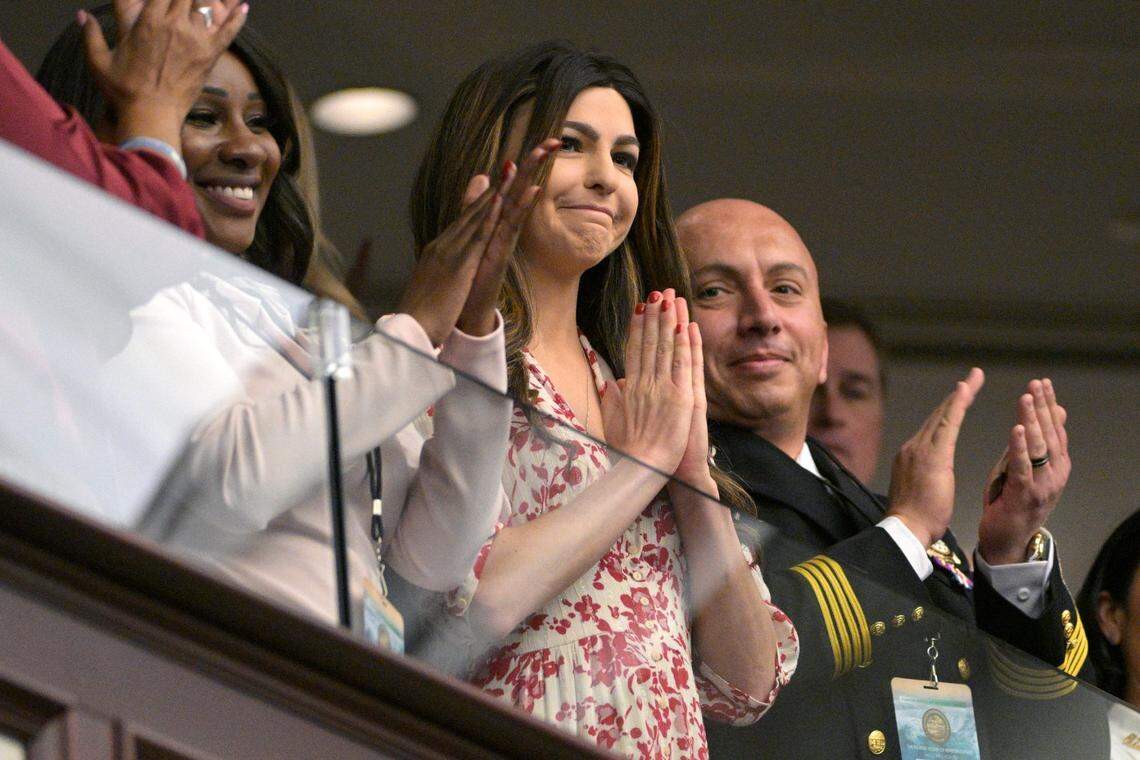 Casey DeSantis, center, wife of Florida Gov. Ron DeSantis, acknowledges applause after being recognized by him during a legislative session, Tuesday, Jan. 11, 2022, in Tallahassee, Fla. 