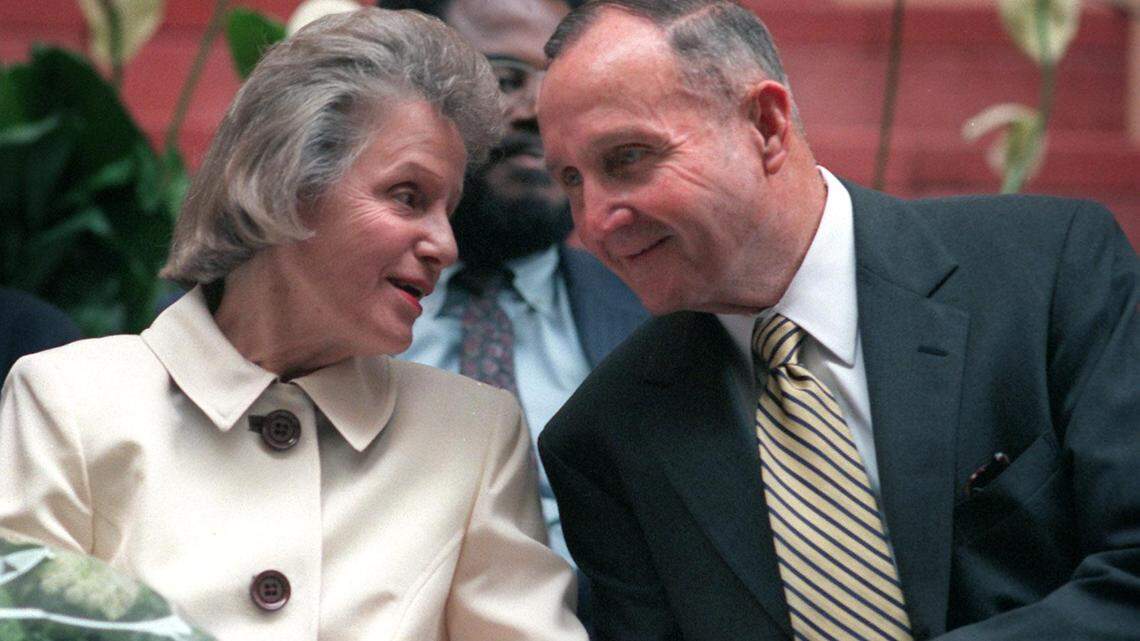 In this March 11, 1997, file photo, Alvah and Betty Chapman talk after the dedication of the Betty and Alvah Chapman Conference Center in the Robert McCabe Hall at MDCC’s Wolfson Campus.