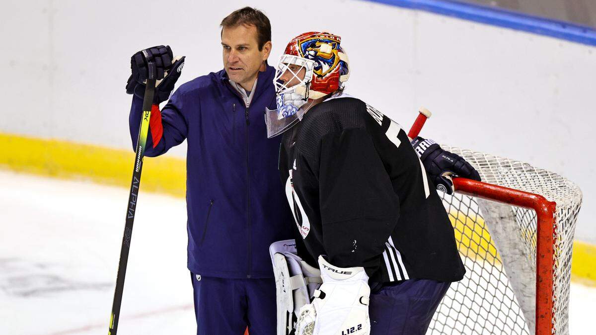 Forida Panthers goaltending coach Robb Tallas talks with Panthers goaltender Sergei Bobrovsky (72) during training camp in preparation for the 2021-22 NHL season at the FLA Live Arena on Thursday, September 23, 2021 in Sunrise, Florida.
