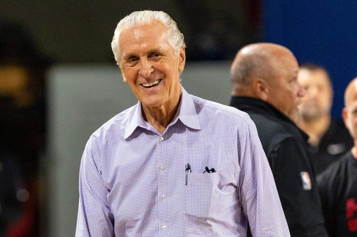 Miami Heat President Pat Riley reacts during training camp at Florida Atlantic University’s Abessino Court at Eleanor R. Baldwin Arena in Boca Raton, Florida, on Tuesday, October 3, 2023.