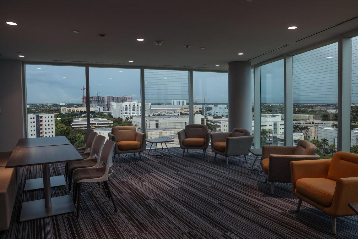 The Lodge East on the 13th floor of FIU’s Tamiami Hall has a panoramic view and impact windows. FIU will open the 13-tower dorm, with nearly 700 beds, in August. Despite the new dorm, FIU still had a housing wait list of about 500 students going into the 2022 fall semester.