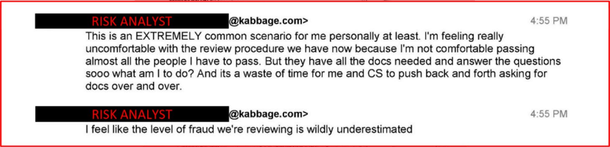 A July 2020 exchange between two risk analysts at the financial technology company Kabbage expressing concern about the high level of seemingly fraudulent Paycheck Protection Program loans the company was approving.
