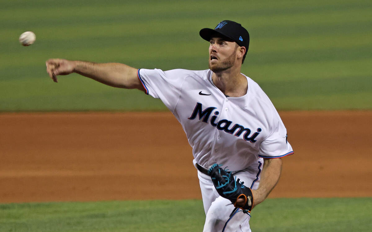 Miami Marlins pitcher Anthony Bender (80) pitches against the Colorado Rockies during the seventh inning of their baseball game at loanDepot park on Wednesday, June 9, 2021 in Miami, Florida.