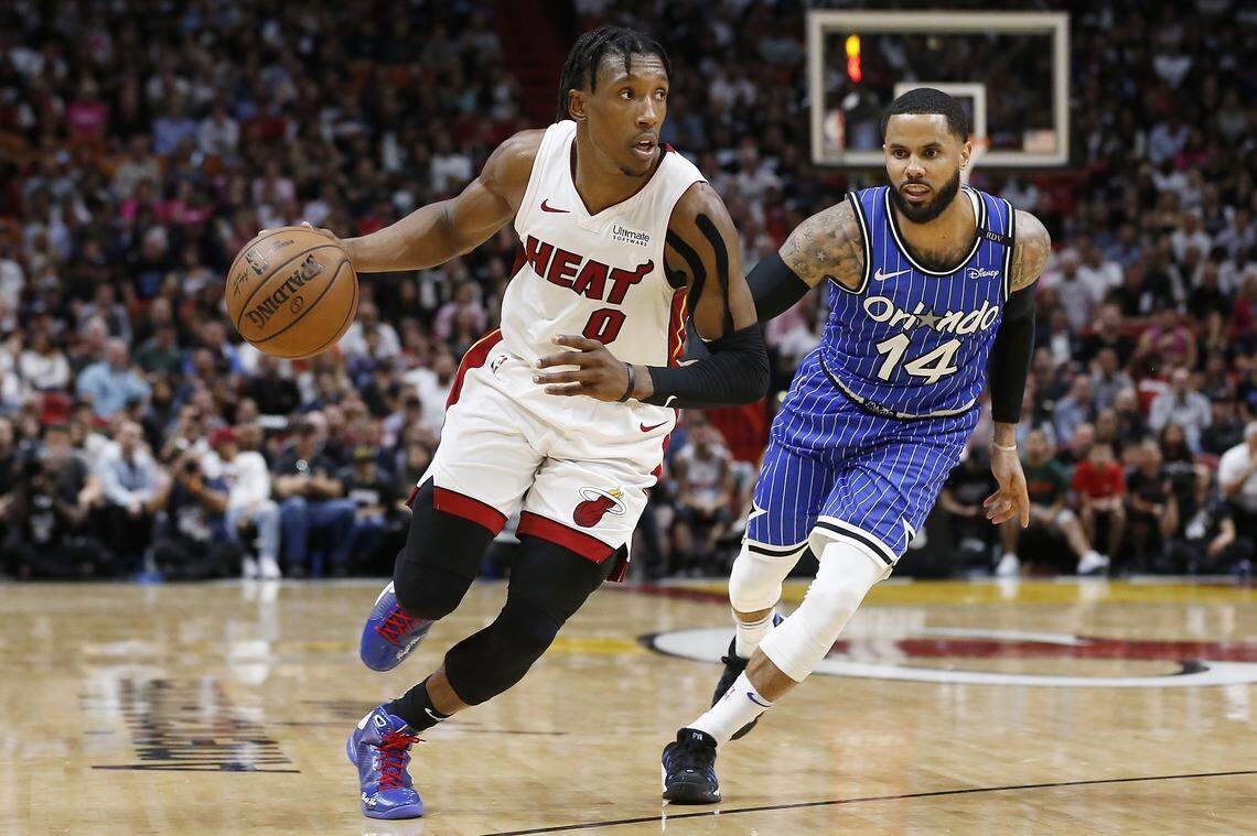 Josh Richardson #0 of the Miami Heat drives to the basket against the Orlando Magic during the game at American Airlines Arena on March 26, 2019 in Miami, Florida.