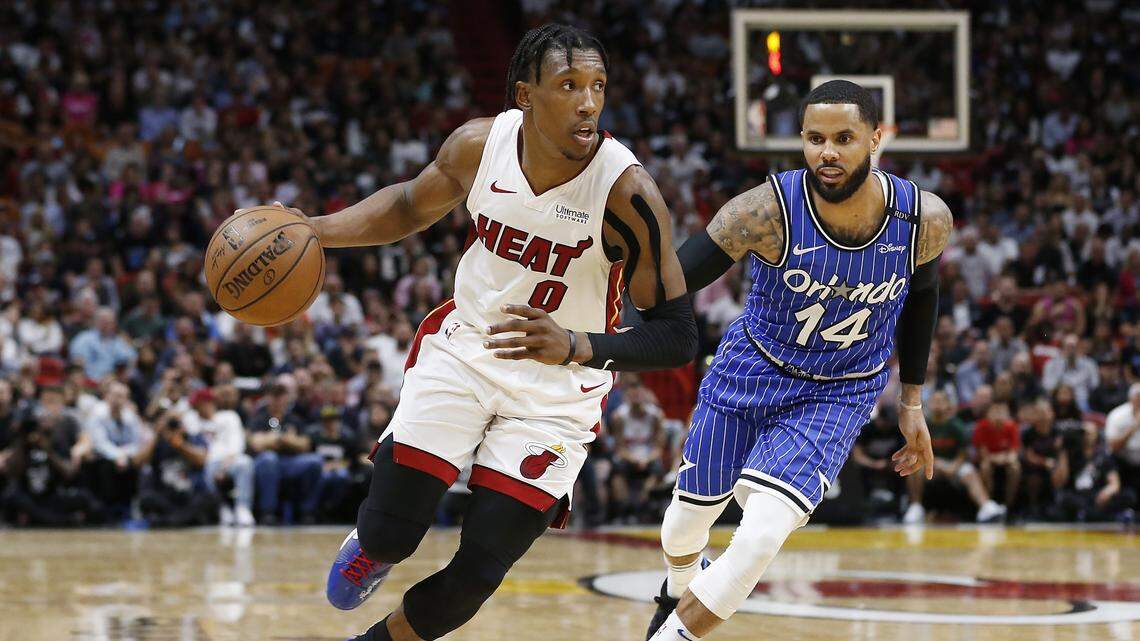 Josh Richardson #0 of the Miami Heat drives to the basket against the Orlando Magic during the game at American Airlines Arena on March 26, 2019 in Miami, Florida.