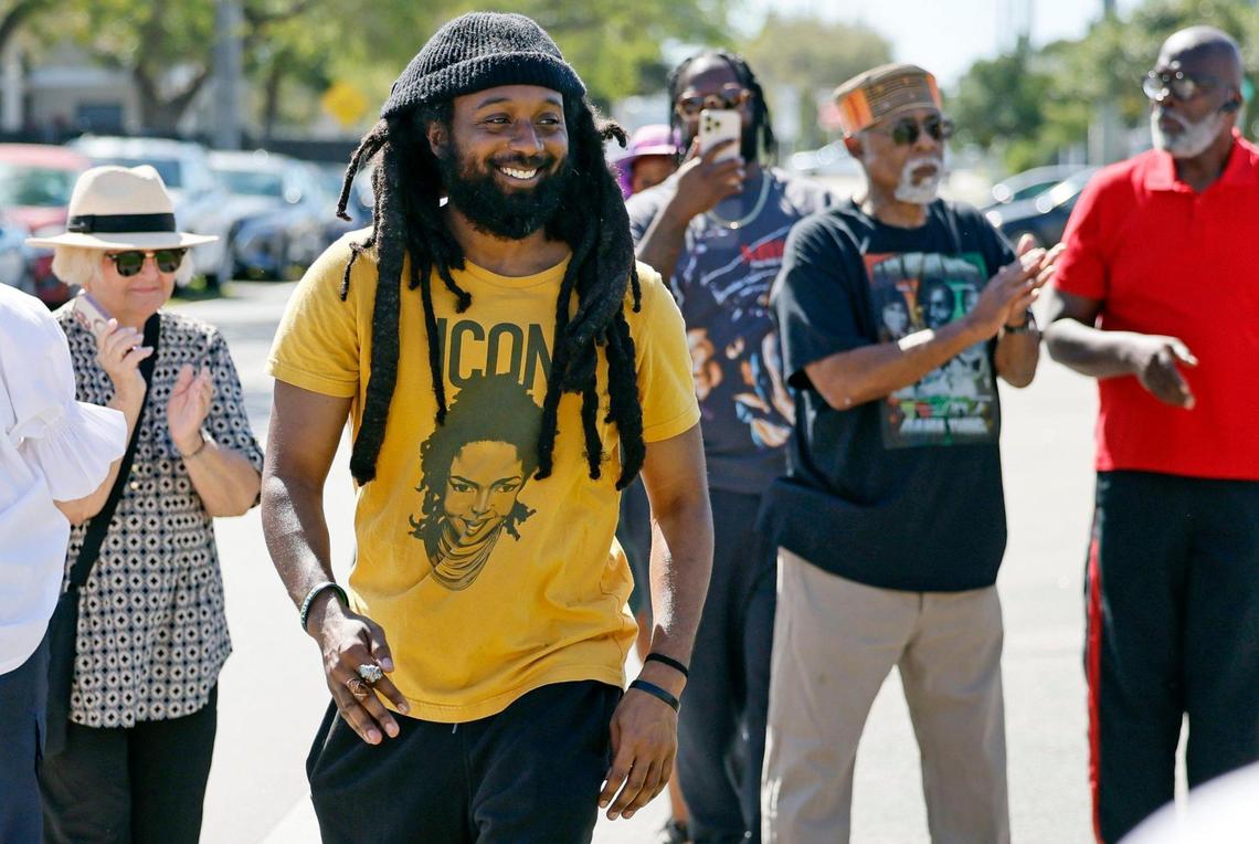 Emmanuel George, center, arrives for the unveiling of a marker to commemorate Liberia’s history on Saturday, Feb. 15, 2025. Liberia, a historically Black community is in Hollywood, Florida.