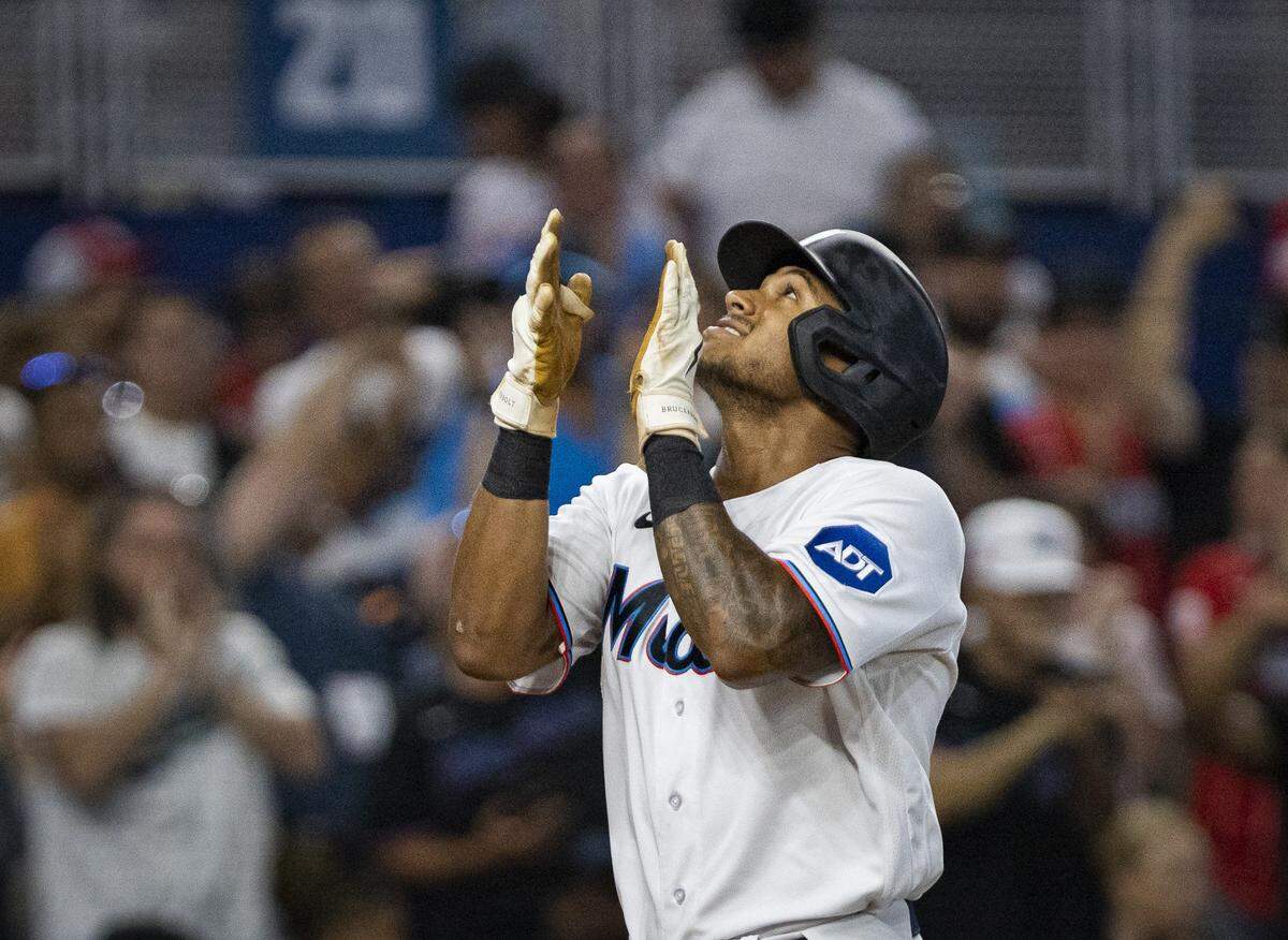 Miami Marlins center fielder Dane Myers (54) reacts after hitting his first career home run during the third inning of a baseball game against the Philadelphia Phillies on Sunday, July 9, 2023, at loanDepot Park in Miami.