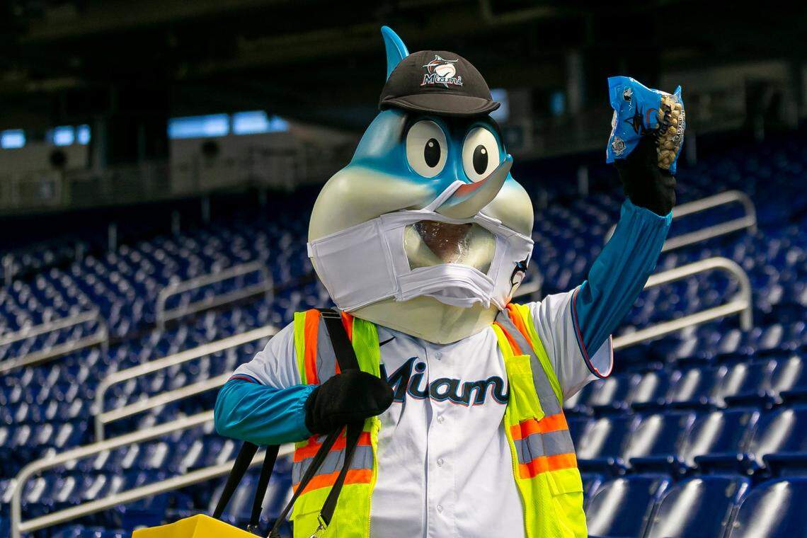 Billy the Marlin is seen during the first inning of a Major League Baseball game where the Miami Marlins play against the Boston Red Sox at Marlins Park in Miami, Florida on Tuesday, September 15, 2020.
