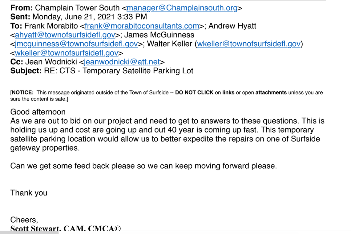 An email from the Champlain Towers South’s property manager complains that the town has been holding up efforts to move forward on the building’s 40-year recertification process. It is dated June 21, 2021, three days before the tower collapsed, killing at least 22 and leaving more than 120 still unaccounted for.