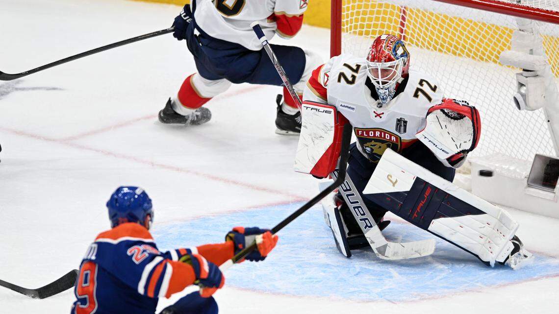 Jun 4, 2025; Edmonton, Alberta, CAN; Edmonton Oilers center Leon Draisaitl (29) scores the game winning goal in overtime against the Florida Panthers in game one of the 2025 Stanley Cup Final at Rogers Place. Mandatory Credit: Walter Tychnowicz-Imagn Images