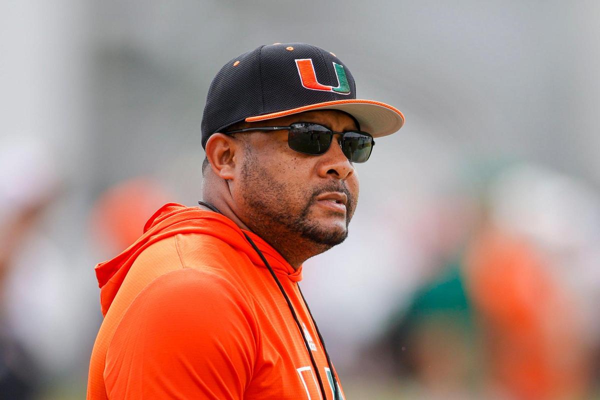 Miami Hurricanes running backs coach Tim Harris Jr. looks on during spring practice at the University of Miami in Coral Gables, Florida, Saturday, March 4, 2023.