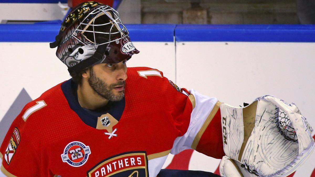 Florida Panthers goalie Roberto Luongo wears a helmet with the Marjory Stoneman Douglas High School logo to pay tribute to the 17 victims and their families of the mass shooting at the school a year earlier, before the start of an NHL regular season game on February 14, 2019 in Sunrise. Luongo retired on Wednesday.