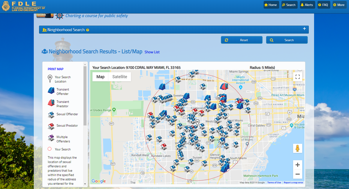 Icons on the Florida Department of Law Enforcement’s sexual offenders and predators database map give viewers an idea of what type of offender lives in the area. If you select one of the homes, it shows you additional details including the offender’s photo and name.