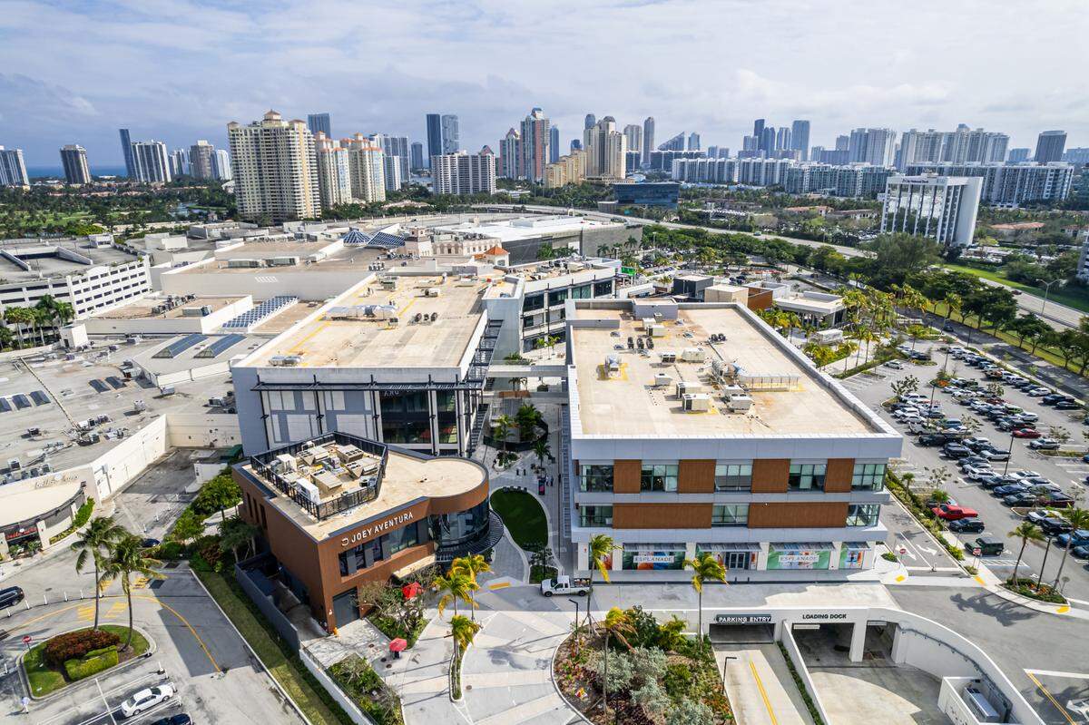 An aerial view of Esplanade at Aventura at 19505 Biscayne Blvd. in Aventura. That’s Aventura Mall in the background on the sprawling land.