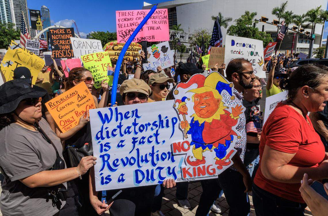 Protesters marched from the Miami-Torch of Friendship to the Freedom Tower, on Biscayne Boulevard, in downtown, Miami, during the ‘No Kings’ anti-Trump protests taking place nationwide and all across South Florida, on Oct. 18, 2025.